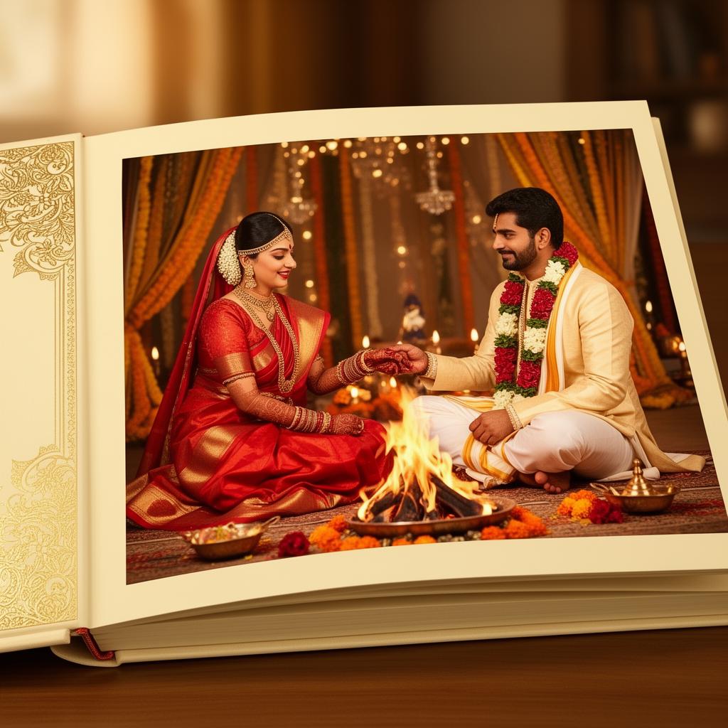 Luxury South Indian wedding photo album with bride and groom