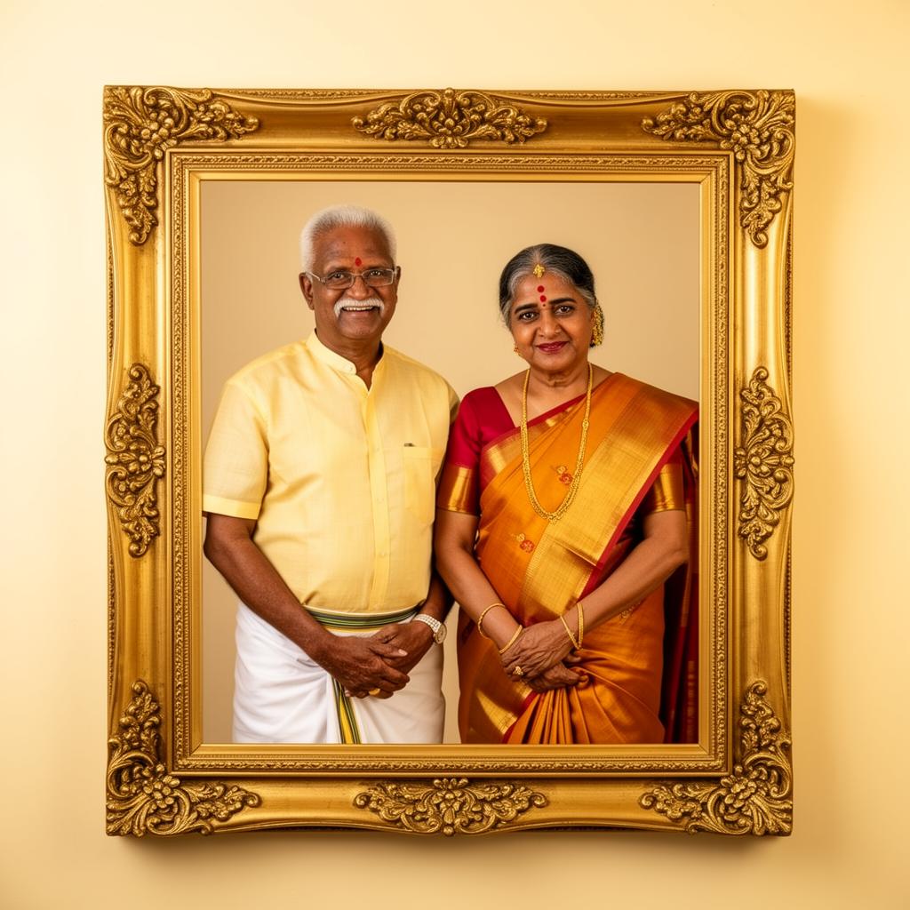 South Indian senior couple golden anniversary portrait in gold frame