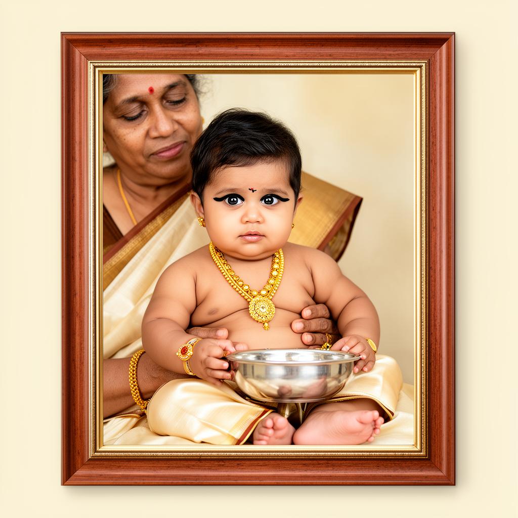 South Indian baby annaprasana ceremony portrait in wooden frame