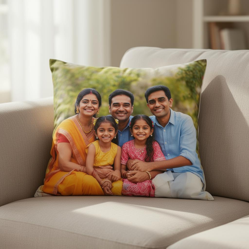 Personalised photo cushion with happy Indian family print