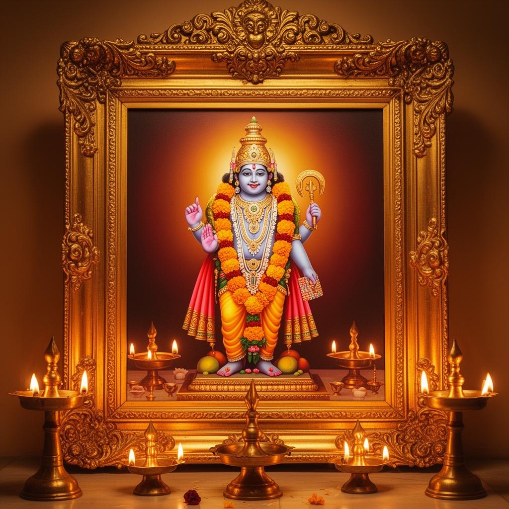 Lord Venkateswara devotional frame with brass lamps