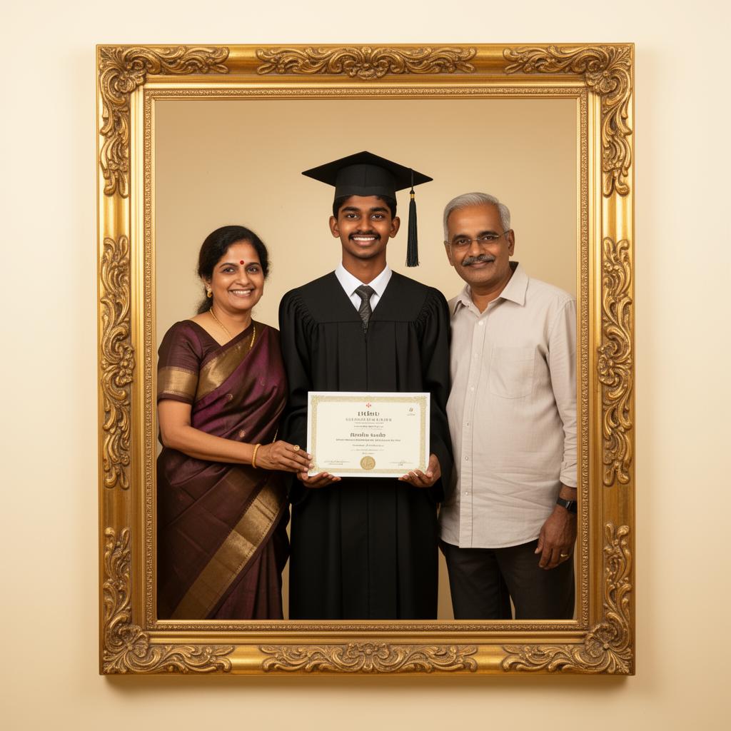 South Indian graduation portrait with proud parents in gold frame