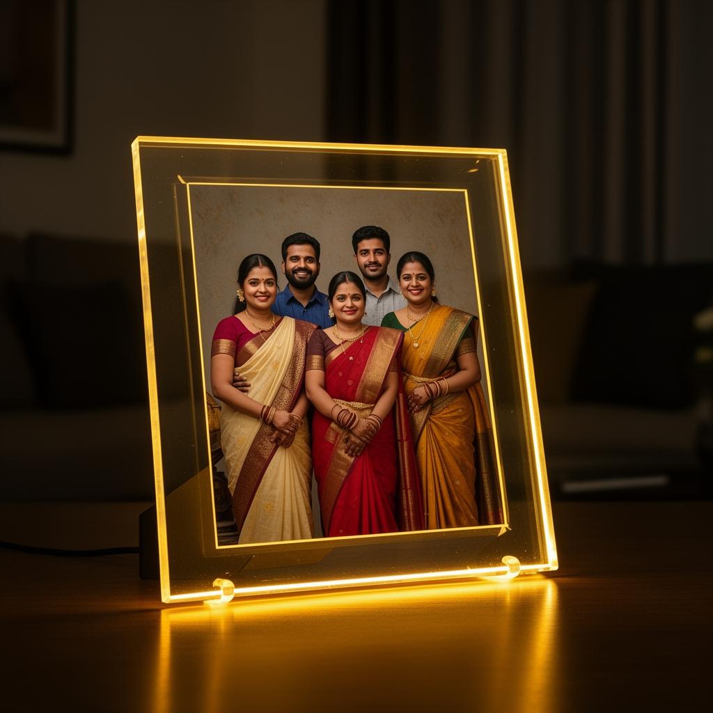 Warm-glow acrylic LED family frame in living room