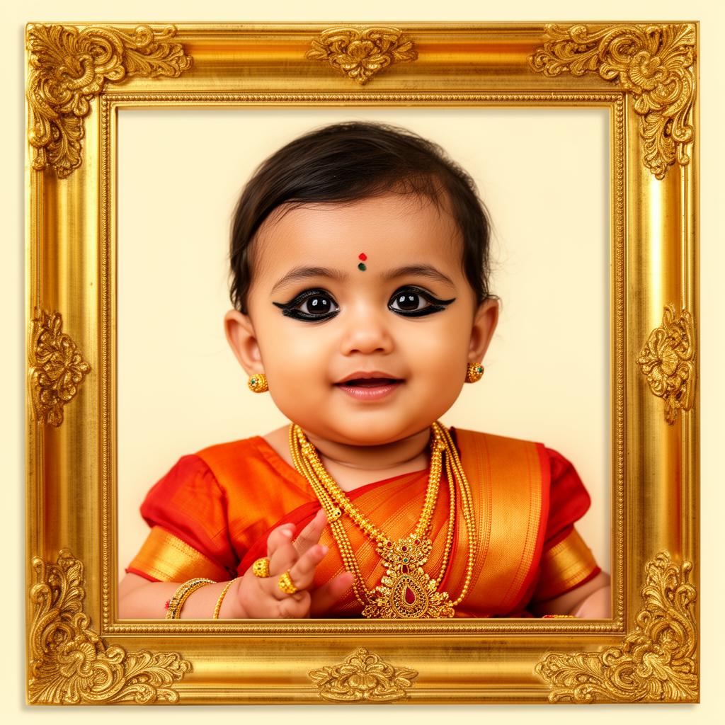 South Indian baby naming ceremony portrait in ornate gold frame