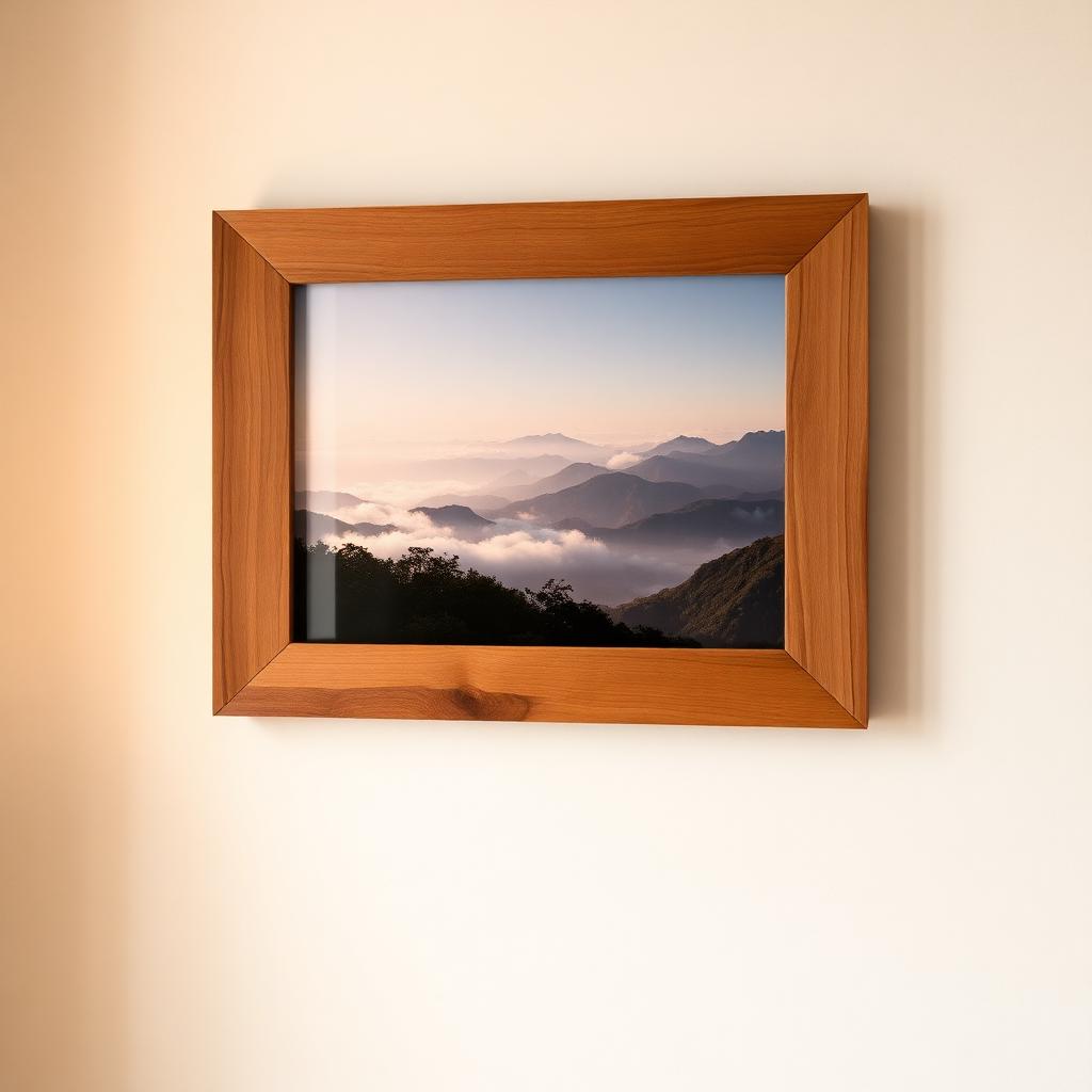Natural teak wood photo frame with misty Western Ghats landscape