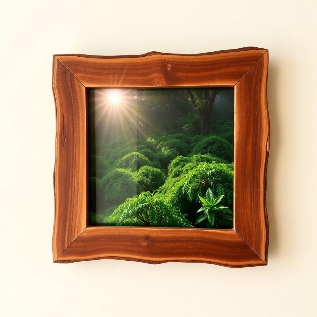Live-edge natural wood frame with lush Coorg coffee plantation scene